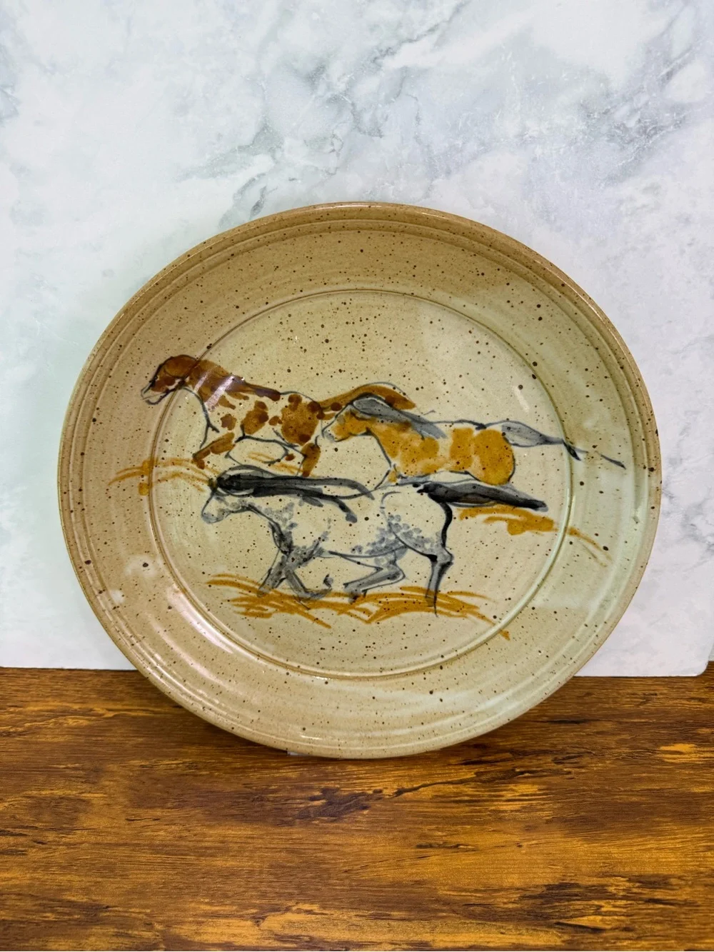 Vintage Studio Pottery 14” Horse Plate Platter Hand Painted Stoneware Equestrian